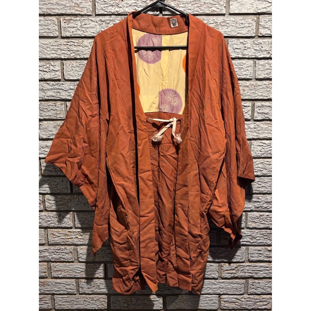 Vintage Japanese Silk Haori Kimono Jacket Burnt Orange Damask Made in Japan